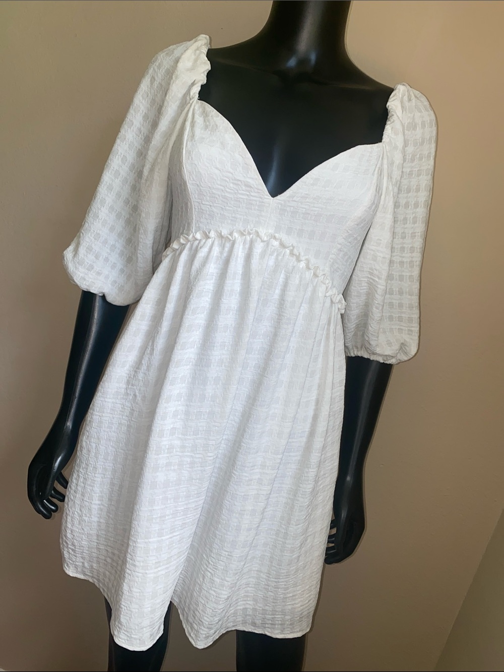 Pink Lily White Ruched Mini Dress with Puff Sleeves